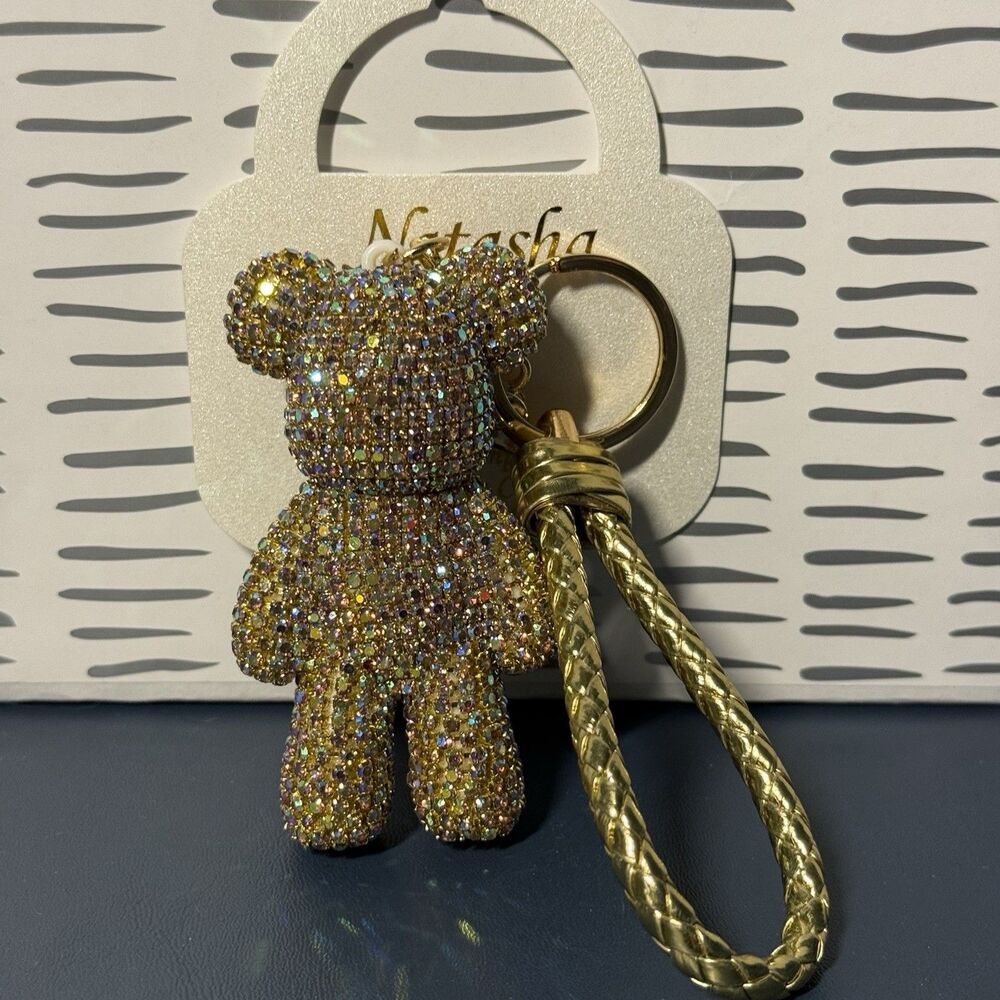 Natasha Gold Rhinestone Teddy Bear Handbag Charm Key Ring Braided Strap Bling
